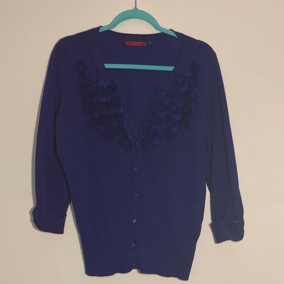 Red Brand | Cobalt Blue Cardigan Sweater with Gorgeous Rosette Detail | Size L - Picture 2 of 9